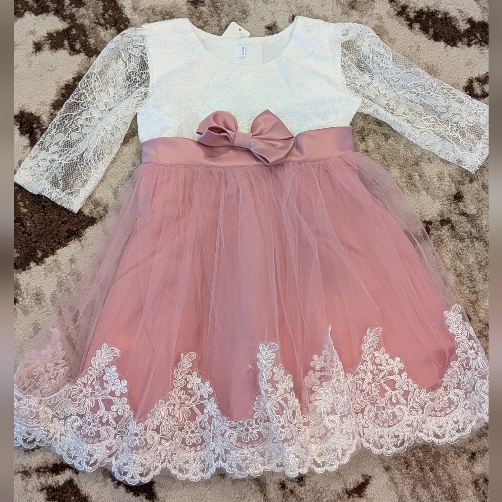 Elegant Pink and White Lace Kids Dress